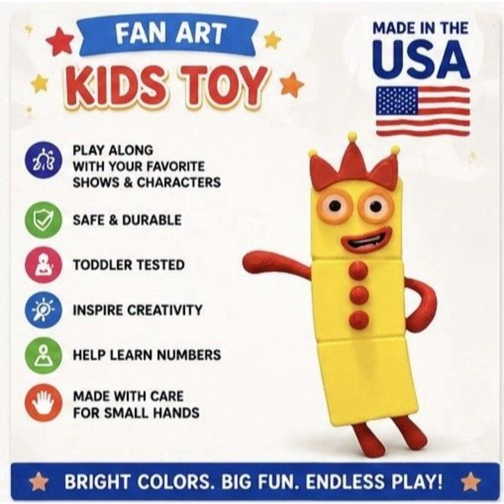 Numberblocks Fan Art Kids Toy #3 Multicolored Toddler Tested USA Made 3” Tall